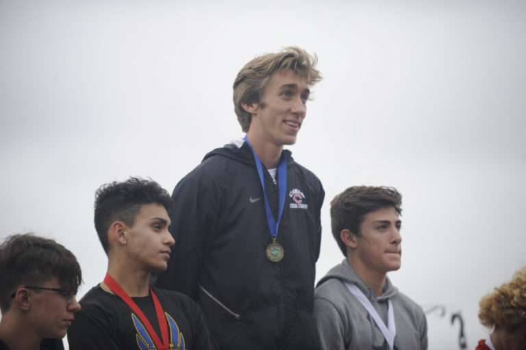Camas senior Daniel Maton (center) won his third consecutive state championship in the 800-meter run at the 4A state track and field meet on May 25. Maton also won his third straight title in the 1,600-meter run and became the first runner in Washington history to win three championships in both events.