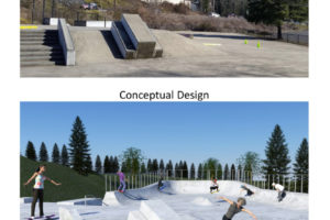 An illustration shows the current Camas-Washougal skatepark (top) and a rendering by Jason Ferrier of Lewallen Architecture of what the skatepark could look like with a concrete quarter pipe and concrete obstacle course. A fundraiser Friday at Grains of Wrath in downtown Camas will benefit plans to renovate the ailing skatepark. (Contributed illustration courtesy of city of Camas)