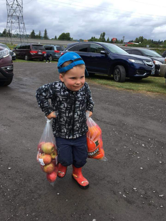 Contributed photo courtesy of Impact Camas-Washougal 
 Brandon Lasher helps carry apples bound for food boxes at a 2018 Impact Camas-Washougal event.