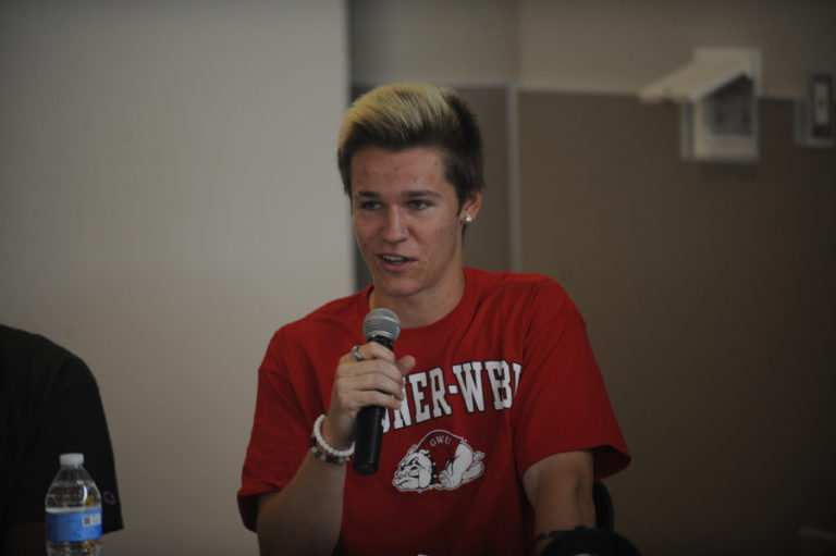 Tybalt Thornberry talks about his soccer career at Camas High School (CHS) during a signing ceremony at CHS on May 29.