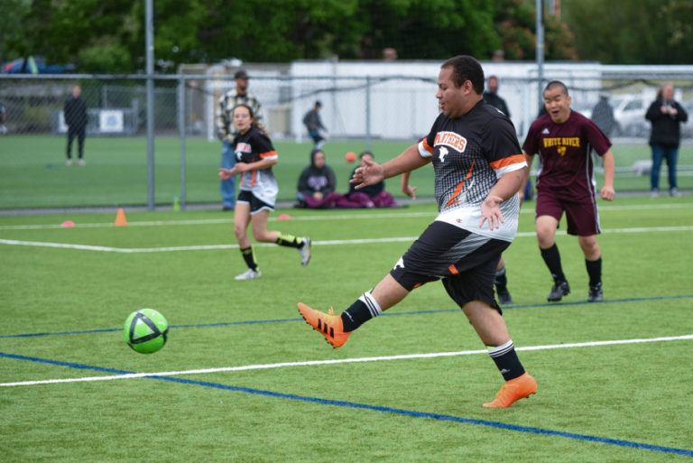 Andrew Valenzuala kicks the ball during a Washougal Unified Soccer game in 2019.