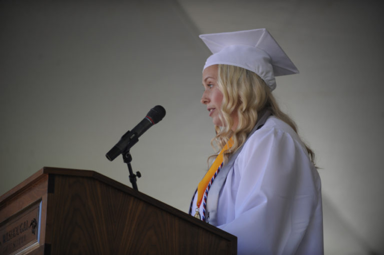 Washougal High class of 2019 valedictorian Paige Wilson gives a motivational speech to her classmates during a commencement ceremony on June 8.