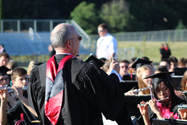 (Photo by Kelly Moyer/Post-Record)
The Camas High School concert band performs before the 2019 graduation ceremony, held June 14 at Doc Harris Stadium in Camas. 