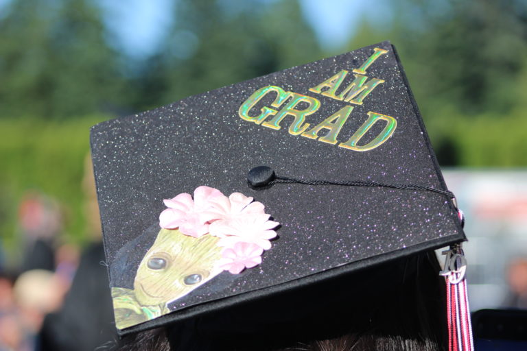 (Photo by Kelly Moyer/Post-Record)
A Camas High School class of 2019 graduate shows their love of the movie “Guardians of the Galaxy” with a reference to the film’s “I am Groot” character, at the June 14 graduation ceremony, held at Doc Harris Stadium in Camas. 