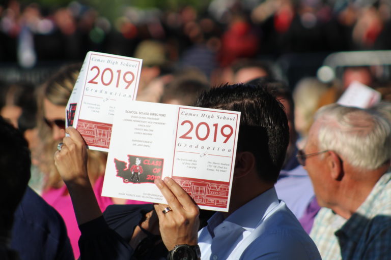 (Photo by Kelly Moyer/Post-Record)
Attendees of the June 14 Camas High School class of 2019 graduation ceremony hold commencement programs to their faces to block the late afternoon sun.