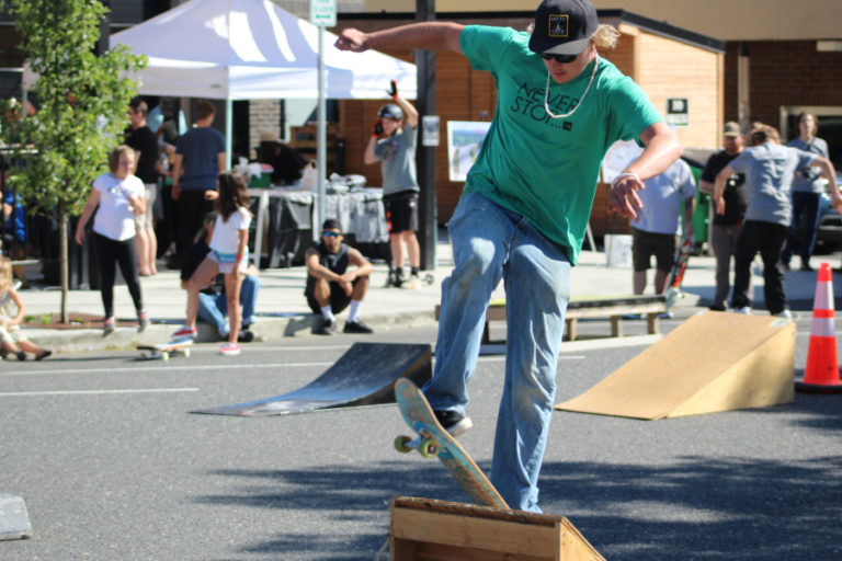 A skateboarder rides over a ramp at a June 14 fundraiser for the Camas-Washougal skatepark, held at Grains of Wrath brewery in downtown Camas.