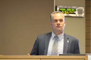 Camas School District Superintendent Jeff Snell speaks to the Camas School Board at a June 24 board meeting. (Kelly Moyer/Post-Record)