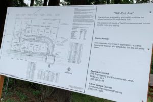 (Photos courtesy of Alicia King, Camas Tree Protectors) A sign posted off Northwest 43rd Avenue in Camas shows the planned Waverly Place development. Tree advocates will protest the removal of more than 70 trees at the Camas subdivision at a sit-in from 5 to 7 p.m., Wednesday, July 17, at the site. 