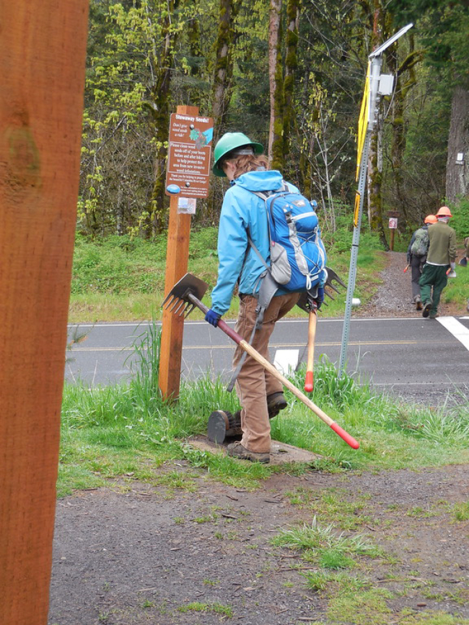 Volunteers from a trail work party along the Cape Horn Trail gather for a picture after a fun day of work.