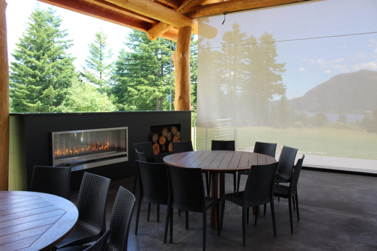 (Kelly Moyer/Post-Record) The new Riverview Pavilion at Skamania Lodge offers two indoor fireplaces and a screen that blocks the wind without blocking the view of the Columbia River Gorge.