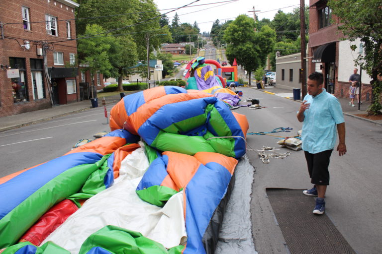 A bounce house is inflated for Camas Days on Saturday, July 27. 