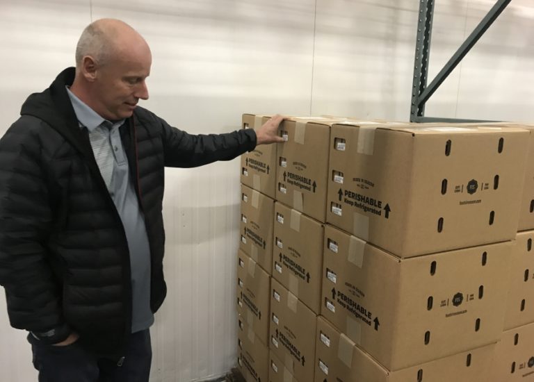 Foods in Season founder John Anderson inspects a box of mushrooms at one of his warehouses in Washougal in June.