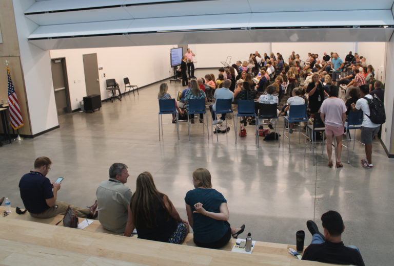 School administrators gather inside Discovery High School on Monday, Aug. 5, for the  2019 School Administrators’ Emergency Training Summit. The event offered two dozen courses, including the class shown here, “The Changing Nature of Communication: Building Your Tribe,” taught by the event’s keynote speaker, Jeff Utecht.