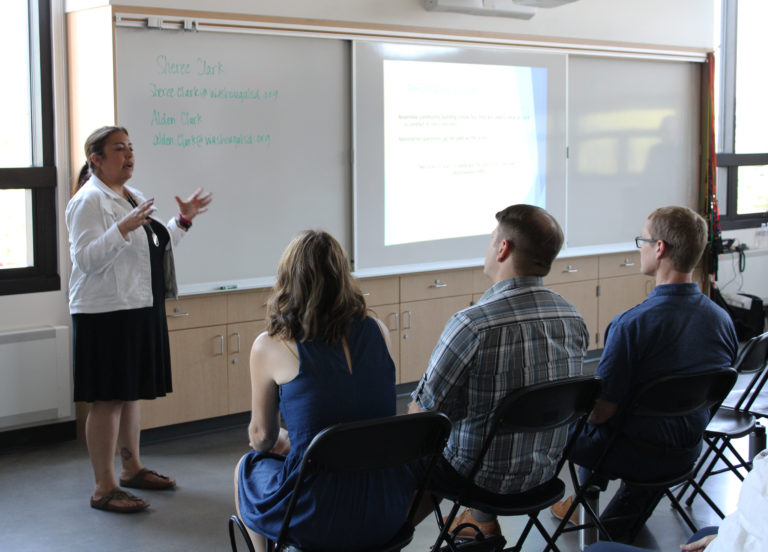 Sheree Clark, principal of Washougal High School, (left) teaches school leaders about restorative justice practices Monday, Aug. 5, at the Clark County Safe Schools Task Force’s 2019 School Administrators’ Emergency Training Summit at Discovery High School in Camas.