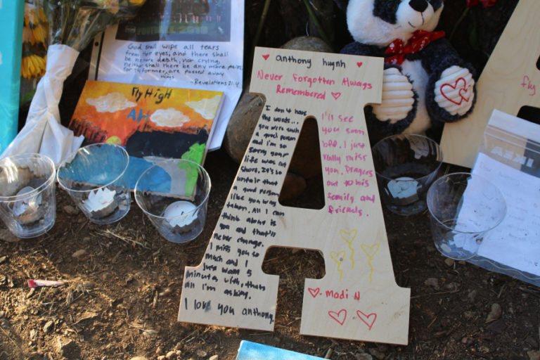 (Photo by Kelly Moyer/Post-Record) Friends and family of Anthony Huynh have created two memorials on and near the Camas pedestrian bridge spanning Lacamas Lake to remember the 14-year-old Vancouver boy, who drowned in Lacamas Lake on Aug.