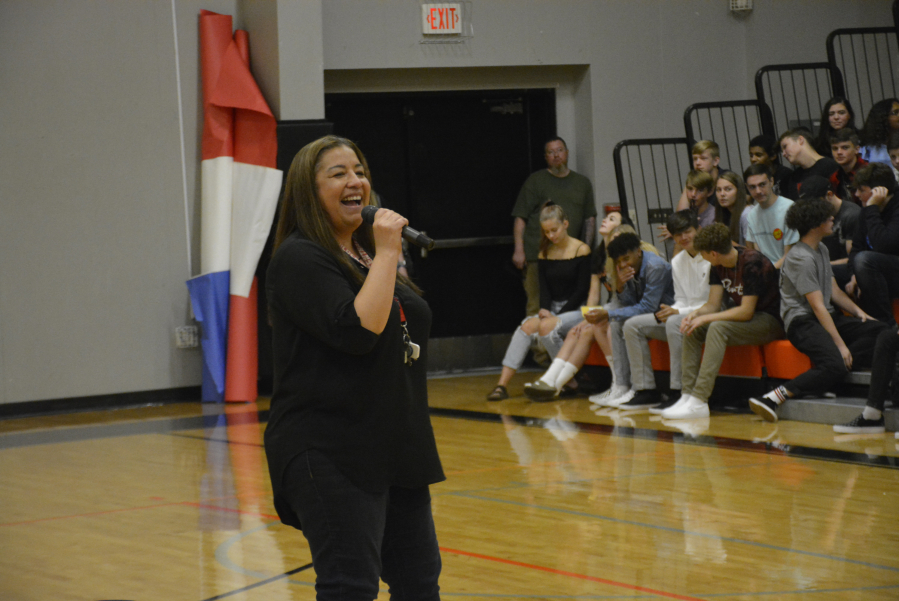 Washougal High School Principal Sheree Clark gives a pep talk to the class of 2023 at a rally for incoming Washougal High freshmen, held Monday, Aug. 26.