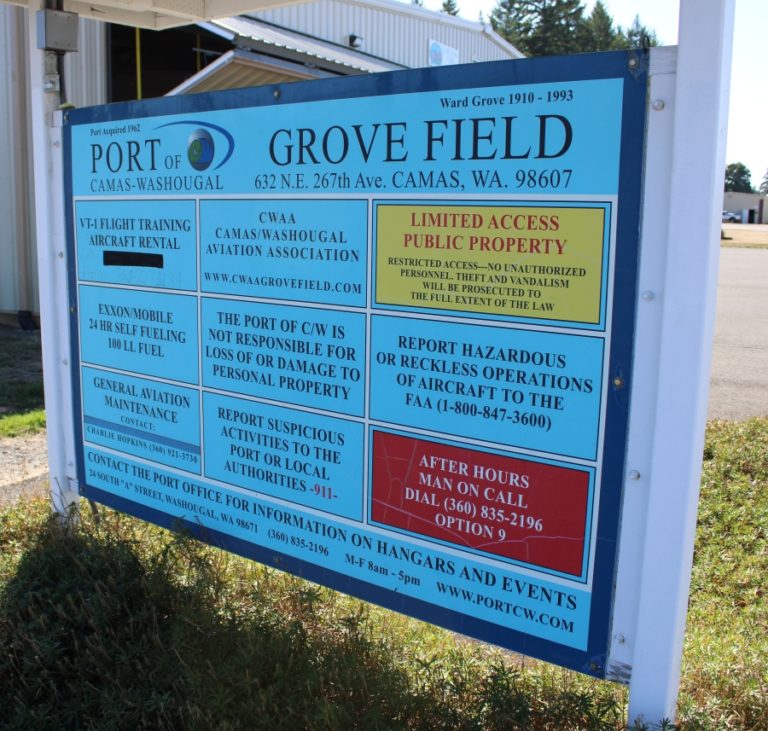 A sign at Grove Field in Camas lists some of the commercial activity at the airport. Port of Camas-Washougal staff members and commissioners have discussed the possibility of adding more businesses at the airport to increase revenue.