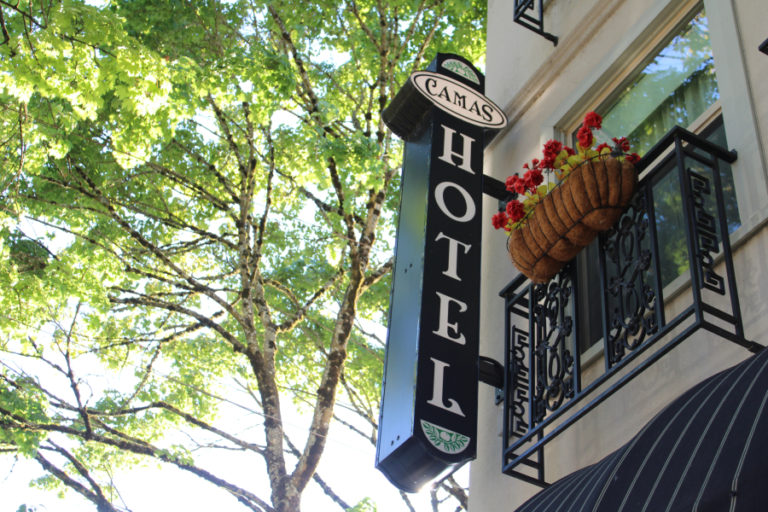 The Camas Hotel sign is a landmark sight in downtown Camas.