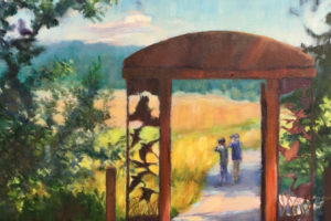 This oil painting, titled "Through the Doorway at Steigerwald Refuge," will be auctioned during September at Second Story Gallery, located upstairs in the Camas Public Library, 625 N.E. Fourth Ave., Camas. The local artist, Cheryl Mathieson, notes that this artful steel gateway is a real door into the refuge that may soon disappear while the area is closed and reworked for water flow improvements. The painting will be a reminder of how the trail system once looped through the lowlands. Mathieson is offering the artwork in a silent auction, with bids accepted through 1 p.m., Saturday, Sept. 28. All proceed benefit Second Story Gallery. The 16-by-24-inch canvas is framed in deep bronze and can be found on an easel in the gallery, in front of artwork by 15 Northwest Oil Painters Guild artists. The Guild's two-month exhibit, "Show Your Colors," ends Sept. 28. (Contributed photo courtesy of Second Story Gallery)