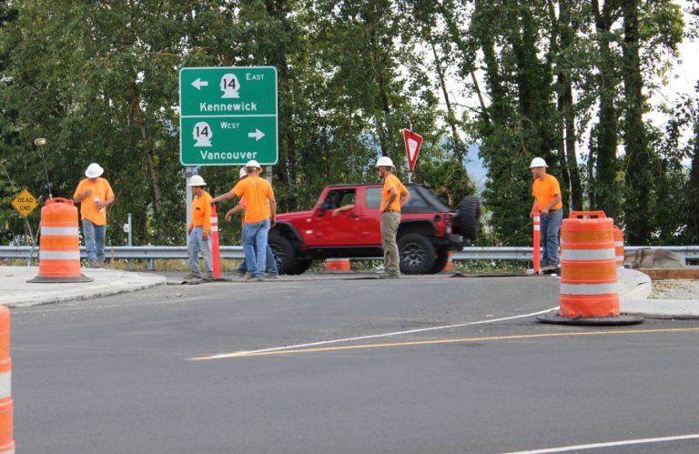 Construction crews work on a roundabout on Highway 14 and Washougal River Road on Aug.