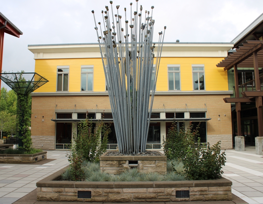 "Rain Diffuser," a sculpture designed and created by Ivan McLean, is installed in the middle of the Washougal Town Square. (Photos by Doug Flanagan/Post-Record)