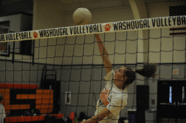 Washougal High School sophomore Jaiden Bea elevates for a spike during an early-season practice session.