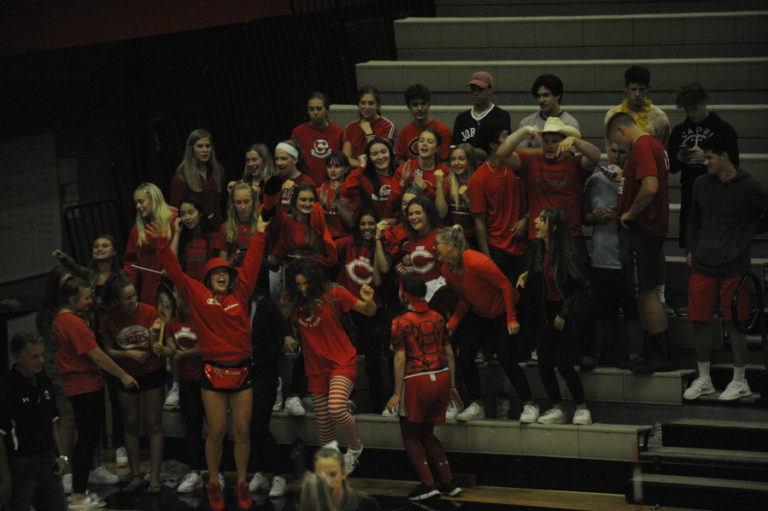 Camas High School students keep energy flowing for their volleyball team in the CHS gymnasium Sept. 10.