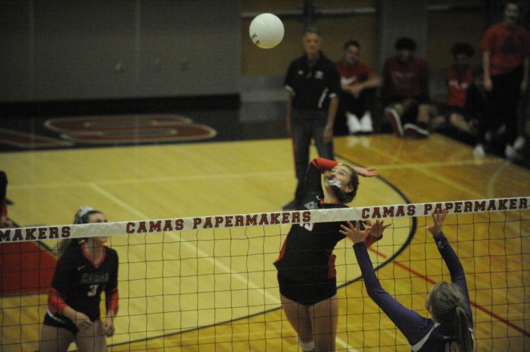 Camas High School junior Mackenzie Hancock attempts a kill against Columbia River High School on Sept. 10. Hancock was a starter last year on a CHS team that qualified for the 4A state tournament.