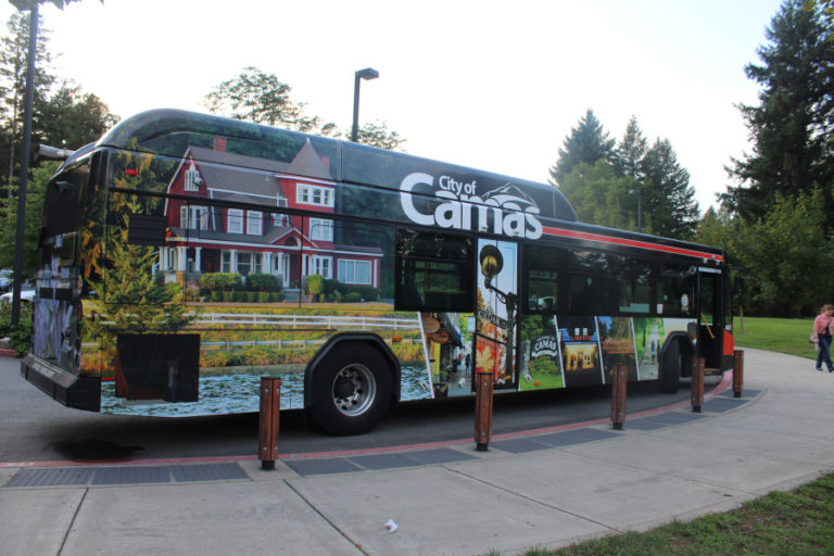 Photos by Kelly Moyer/Post-Record
A C-TRAN bus highlighting the city of Camas (pictured) on one side, the Camas lily on the back and the Camas School District on another side sits outside the Lacamas Lake Lodge during the 2019 Camas State of the Community address on Sept. 19. (Kelly Moyer/Post-Record)