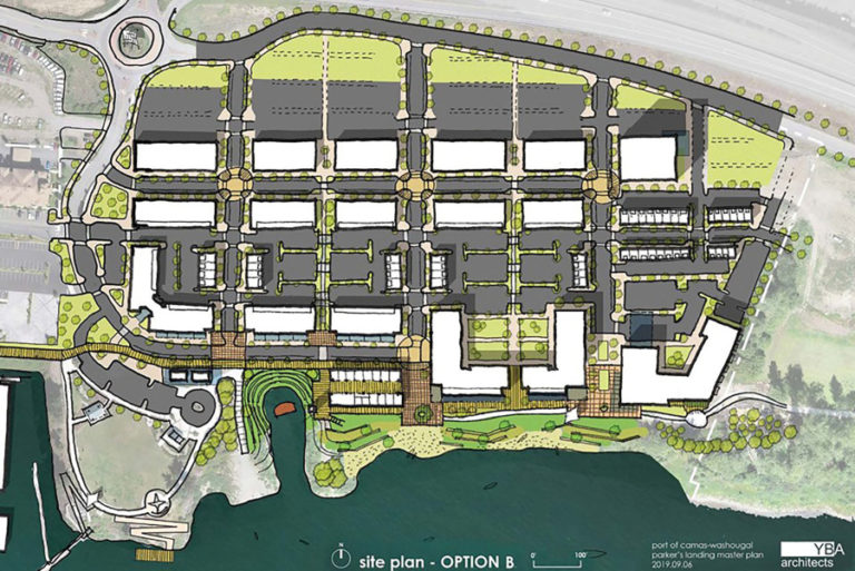 The Port of Camas-Washougal's Option B for its waterfront development features a grid-like layout; a public market hall; a boardwalk that allows for pedestrian connectivity along the waterfront; a cove that allows for amphitheater seating with the potential for a small, floating stage; and a roadway between buildings and the trail east of the cove designed for slow vehicular traffic.