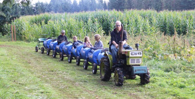 Vancouver residents Matt and Angie Butler, along with their son, Greysen, 7, and daughter, Simone, 5, take a &quot;train ride&quot; to the pumpkin patch at Waltons Farms in Camas on Saturday, Oct. 5.