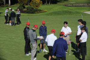 The Camas boys golf team (right) and Union boys golf team (left) talk strategy before teeing off at Camas Meadows on Oct. 4. (Photos by Wayne Havrelly/Post-Record)