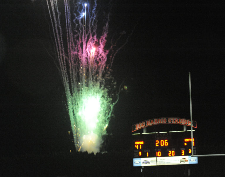 Fireworks light up the sky at halftime during the Camas High School football team&#039;s 65-7 homecoming win over Heritage High School on Friday, Oct. 4.