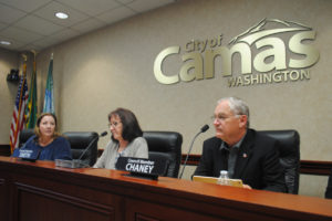 Camas Mayor Shannon Turk (left) and Camas City Councilor Melissa Smith (center) are pictured here with City Councilor Don Chaney (right) at a 2018 city council meeting. Smith recently announced her write-in candidacy to replace Turk as Camas' next mayor. (Post-Record file photo)