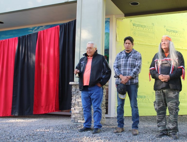 George Lee (left), George Lee Jr. (center) and Johnnie Lee Wyman of the Yakama Nation recite a Washaat prayer at the start of an unveiling ceremony for the &quot;White Wing&quot; mural at Washougal Community Library on Wednesday, Oct. 9. &quot;Our people have many legends of this land that we share with our friends and relatives,&quot; Lee said.