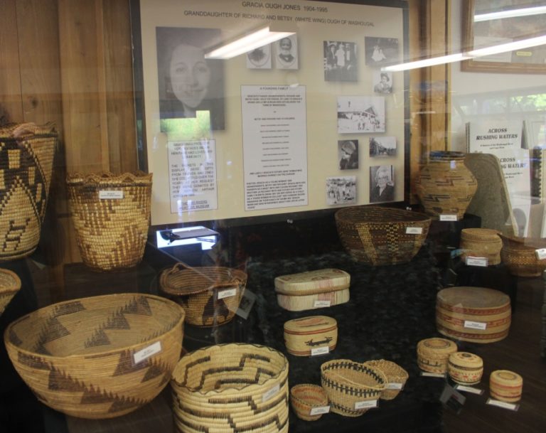 Baskets weaved by members of the Richard and Betsey Ough family are on display at Two Rivers Heritage Museum in Washougal.