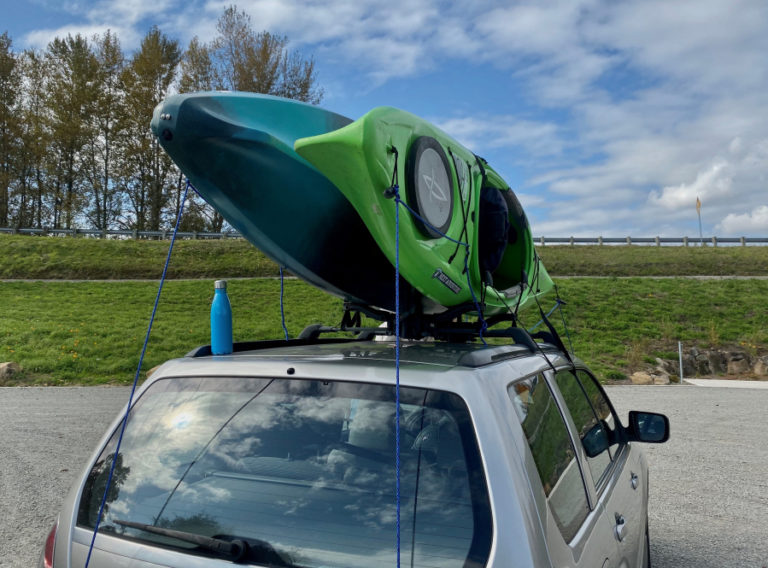 Our kayaks on top of the Subaru at John Pollock Water Trail Park in La Center.