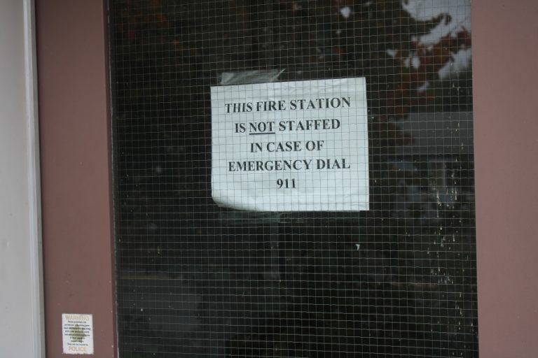 A sign hangs in the doorway of East County Fire and Rescue's Station 95 in Washougal.