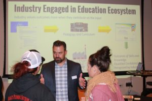 Brock Smith, executive vice president of business development of Precision Exams, chats with attendees during a "Career Technical Education Business Connection" event at Washougal High School on Thursday, Oct. 17. (Submitted photo courtesy Washougal School District)