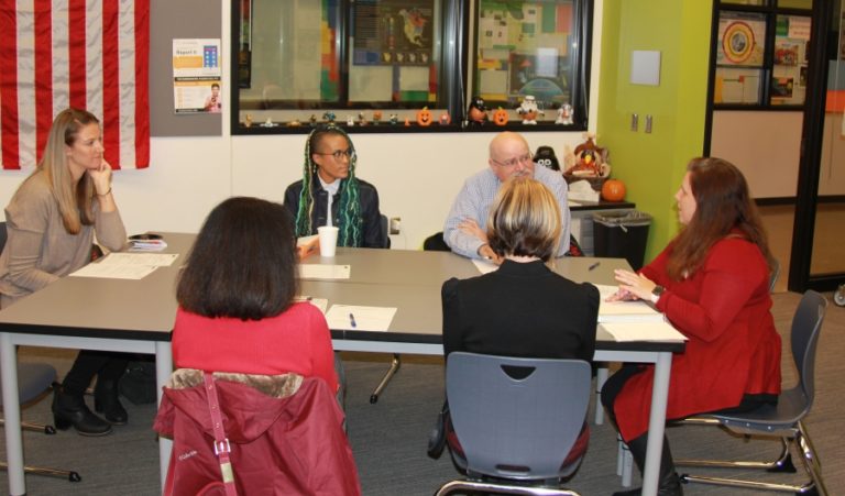 Members of the Washougal School District&#039;s Career Technical Education advisory committee chat with at a roundtable session during a &quot;Career Technical Education Business Connection&quot; event at Washougal High School on Thursday, Oct. 17.