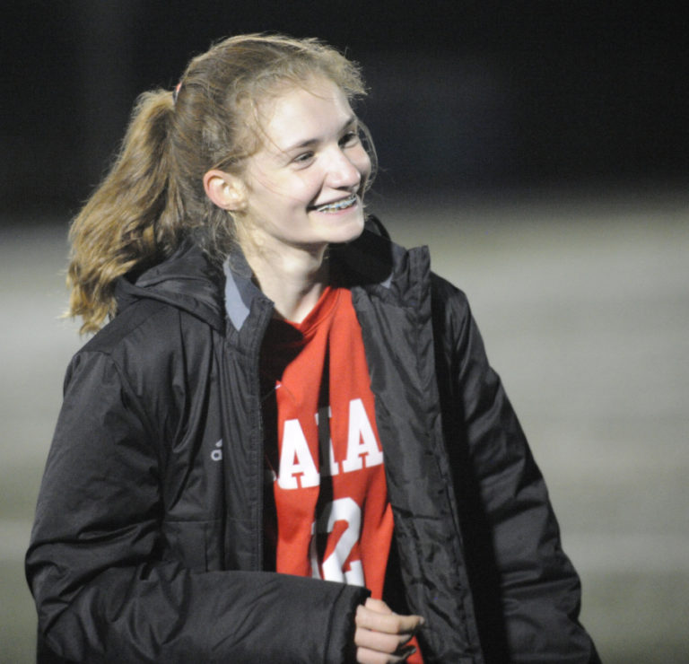 Camas High School junior forward Paige Nelson celebrates her hat trick after the Papermakers&#039; a 4-0 victory over Heritage High School on Oct. 17.