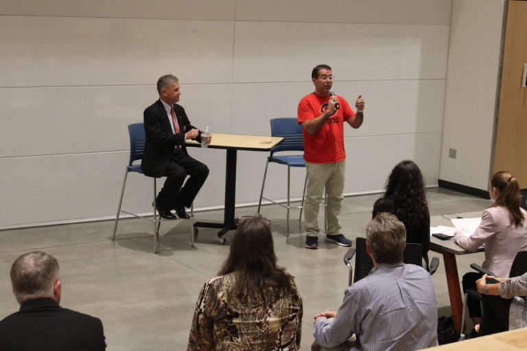 Clark County Council candidate Adrian Cortes (right) and Councilman Gary Medvigy (left) speak at the Youth Advisory Council&#039;s 17th annual candidate forum, held Oct.