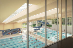 An illustration shows what the inside of a future Camas Community Aquatics Center might look like if voters approve a $78 million bond on the Nov. 5 ballot. The center would include community center amenities, a gymnasium, weight/cardio rooms and two pools, including the competition pool (left) and recreation pool (right) shown here. (Kelly Moyer/Post-Record)