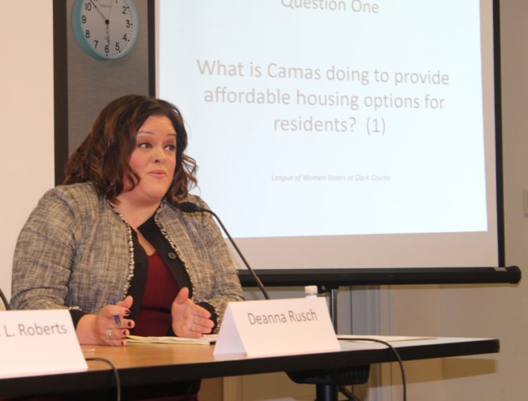 Deanna Rusch speaks during the Clark County League of Women Voters candidate forum, held Wednesday, Oct. 23, at the Camas Public Library.