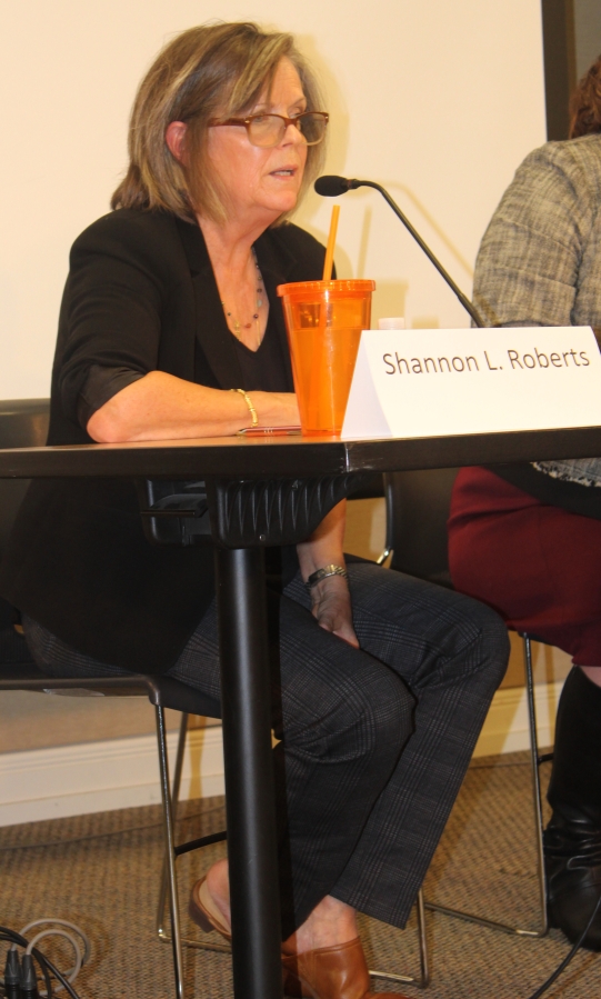 Shannon Roberts speaks during the Clark County League of Women Voters candidate forum, held Wednesday, Oct. 23, at the Camas Public Library.