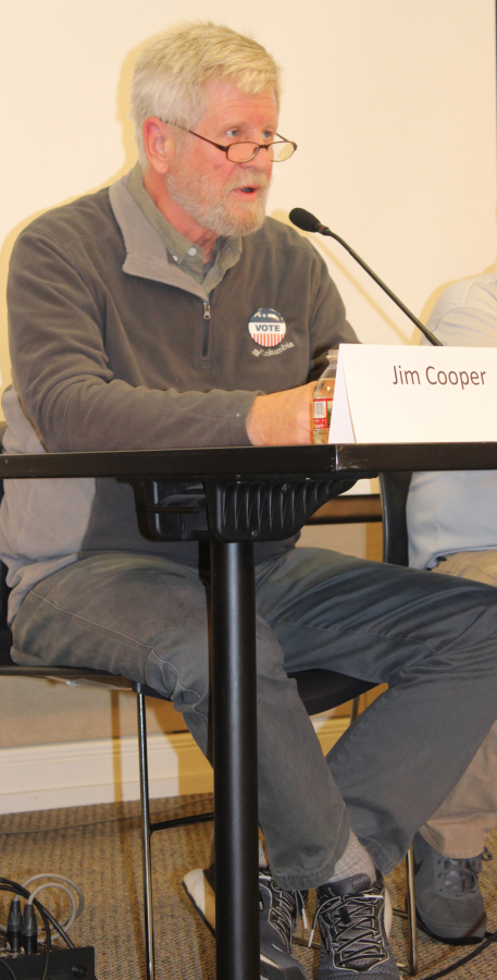 Jim Cooper speaks during the Clark County League of Women Voters candidate forum, held Wednesday, Oct. 23, at the Camas Public Library.