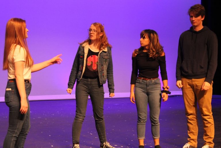 Washougal High School (WHS) theater students (from left to right) Emma Free, Elizabeth Moreland, Alexis Brock and Mathias Hight rehearse for their upcoming production of &quot;Peter and the Starcatcher&quot; on Monday, Oct. 28, at WHS.