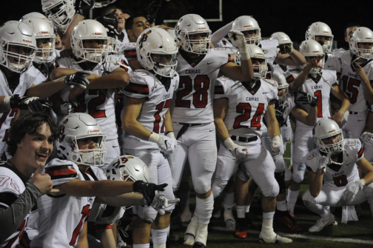 The Camas Papermakers football team celebrates a hard-earned victory over Skyview High on Thursday, Oct. 24.