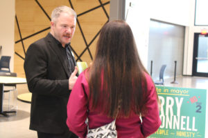 Barry McDonnell, a write-in candidate for Camas mayor, talks to voters at a Camas Youth Council candidate forum in October. McDonnell, who entered the mayoral race in early October, has beaten Mayor Shannon Turk with 53 percent of the vote. 