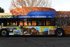 The Clark County Public Transit Benefit Area Authority (C-TRAN) introduced a Washougal-themed bus at Washougal City Hall on Oct. 4. (Photo courtesy of Clark County Public Transit Benfit Area Authority)